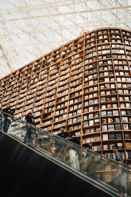 The image features a large, curved wooden bookshelf extending across the wall of a modern, well-lit interior space. The bookshelf is composed of numerous small, uniform square compartments filled with